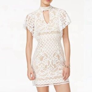 Crystal Doll White Sheath Mini Dress with Ruffled Cut Outs
